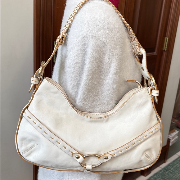 Via Spiga  shoulder bag  Leather smooth  white/tan stitching braided handle  EUC - Picture 1 of 16